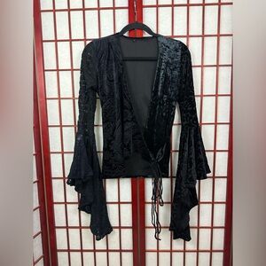 Vintage Black Whimsigoth Bell Flare Sleeve Velvet Lace Gothic Wrap Top